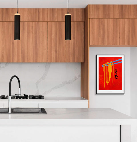 Graphic illustration art print featuring a graphic design of japanese ramen noodles with bold and bright colors, hanging in a modern and contemporary kitchen.