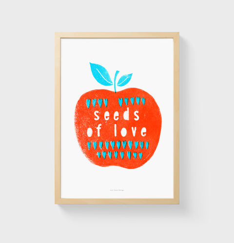 Red apple poster illustrated prints. Apple art print with hand lettered typography saying Seeds of love with red and blue bright colors. Red apple graphic prints for retro kitchen.