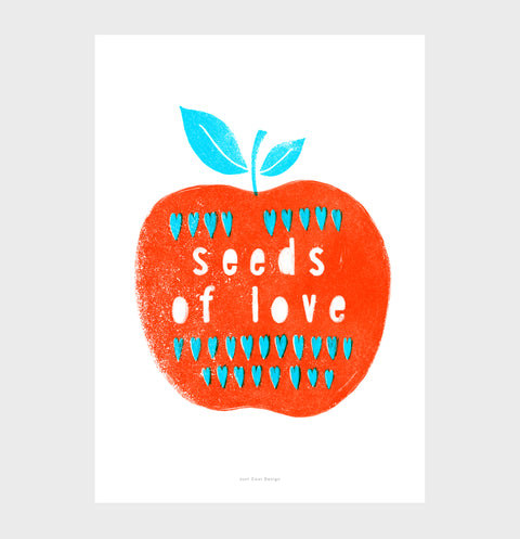 Red apple retro kitchen posters. Illustrated prints of red apple with hand written typography quote saying Seeds of love. Kitchen prints for modern, minimalist and retro kitchen.