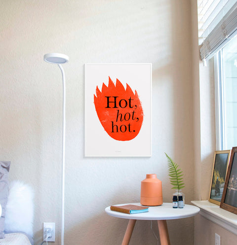 Red fire flames illustrated bedroom prints. Bold and funky ypography poster hanging on nordic scandinavian bedroom wall.