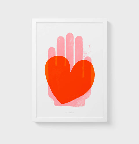 Red heart wall art, illustrated prints featuring a pink hand holding a big red heart. Heart poster colorful wall art