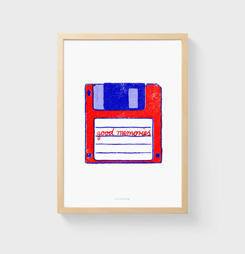 Floppy disk art illustration with red and blue colors and retro style. Han lettering saying the words "good memories". Computer wall art for computer geek, graphic art prints.