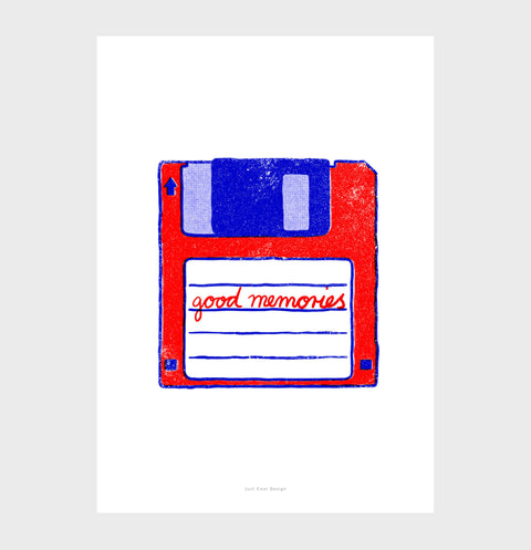 Floppy disk wall art illustration, retro poster, Floppy disk art saying the quote "good memories". Geek wall art