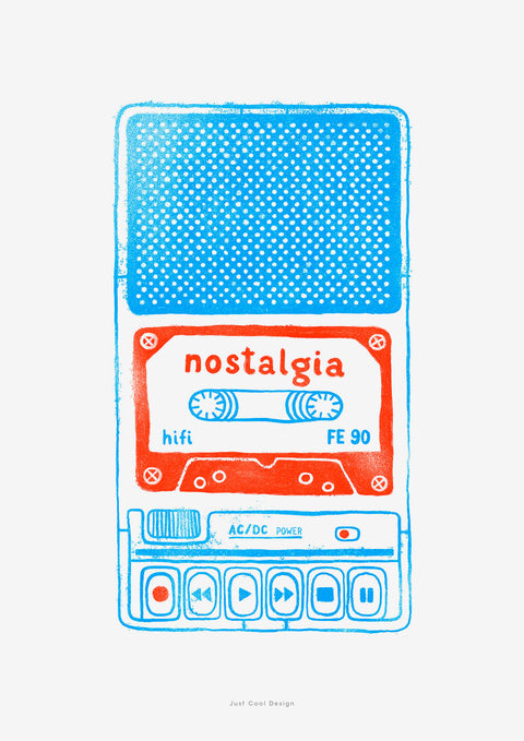 Retro cassette tape art print | Tape cassette wall art print. Colorful, funky, retro poster featuring a cassette tape player illustration with hand painted typography saying "Nostalgia"
