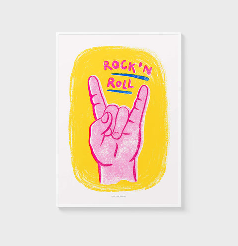 Rock and roll posters. Retro art prints featuring a pink hand and hand painted words saying Rock and roll. Rock music posters for girls bedroom. Yellow and pink wall art. Indie Rock posters music prints.