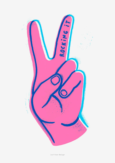 Rocking it wall art print featuring an illustration of a graphic hand making the victory sign with the fingers.