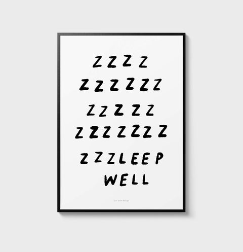 Bedroom quotes prints for above the bed featuring a black and white typography with a lot of z saying Sleep well