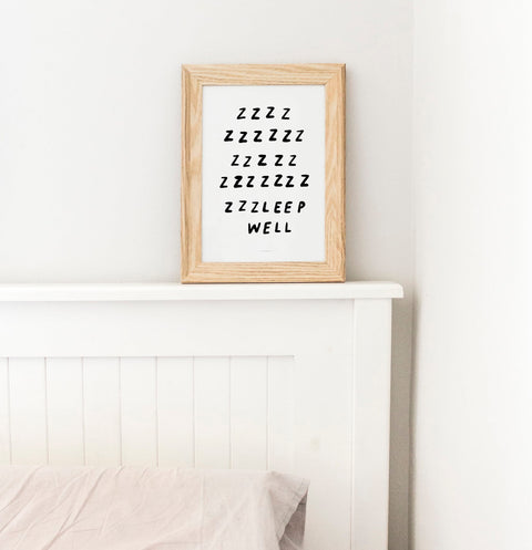 Black and white quotes for bedroom wall for above the bed with hand painted words saying sleep well 