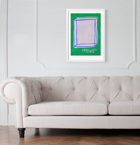 Hand painted wall art print featuring an illustration of a big box made of blue lines and green background, with a quote saying "think outside the box", and hanging over the sofa in a minimalist and classy living room.