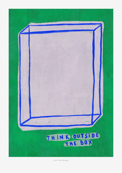 The inspirational graphic illustration wall art features a a big box made of blue lines, a vivid green background, and the quote "think outside the box". 