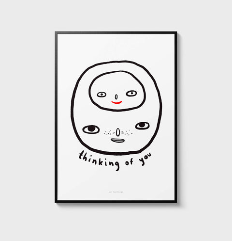 Thinking of you art print featuring black and white simple lines and quirky hand painted lettering saying "thinking of you". Minimalist black and white art bedroom prints.