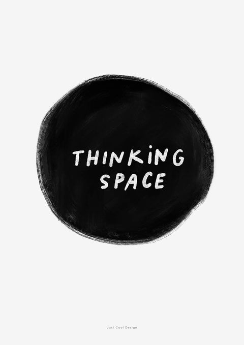Minimalist wall art with black and white design | Inspirational wall art with a bold black circle and the hand painted words saying "Thinking space" inside the circle
