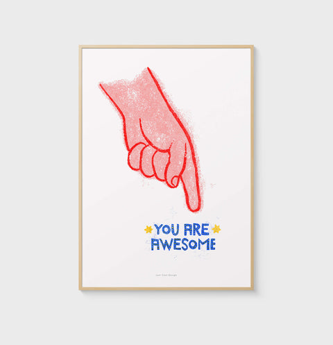 You are awesome wall art quotes, hand pointing phrase "you are awesome". Inspirational wall art quote poster with hand painted typography in red, blue and yellow. Wall posters for bedroom with retro gritty style.